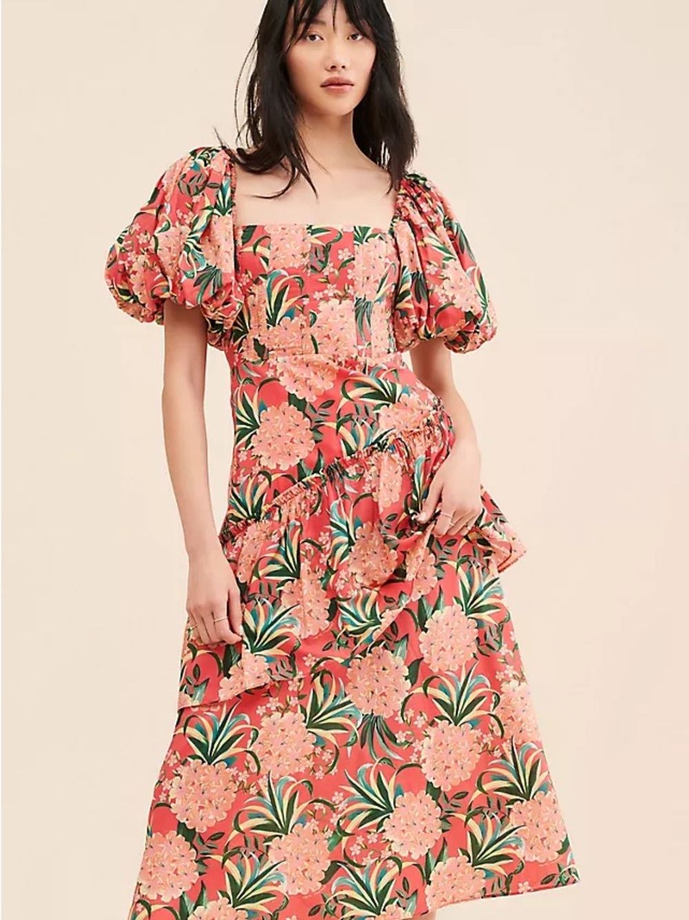FARM Rio Floral Puff Sleeve Midi Dress | Size Small | Like New